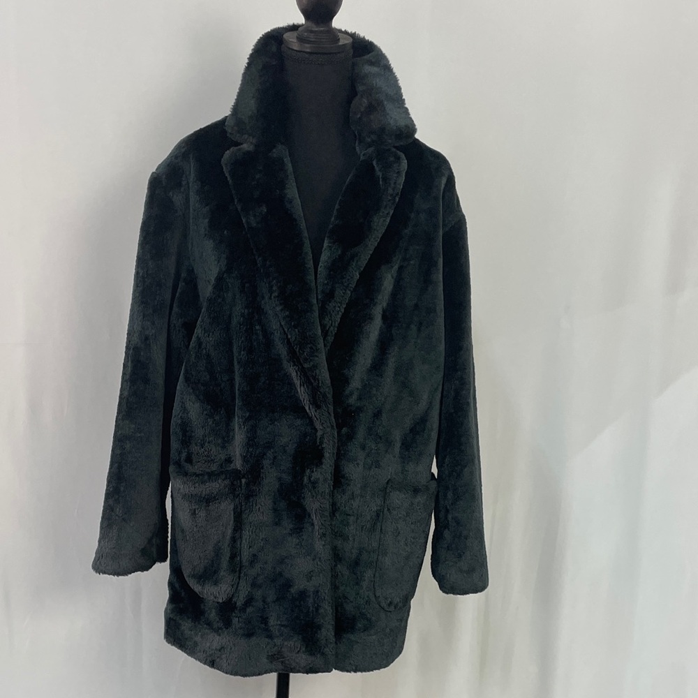 Abercrombie & Fitch Women's Greenish Black Faux Fur Coat, Oversized Medium